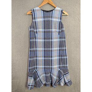 Akris Punto NEW Blue Plaid Tweed Flounce Hem Shift Sleeveless Dress Sz 6